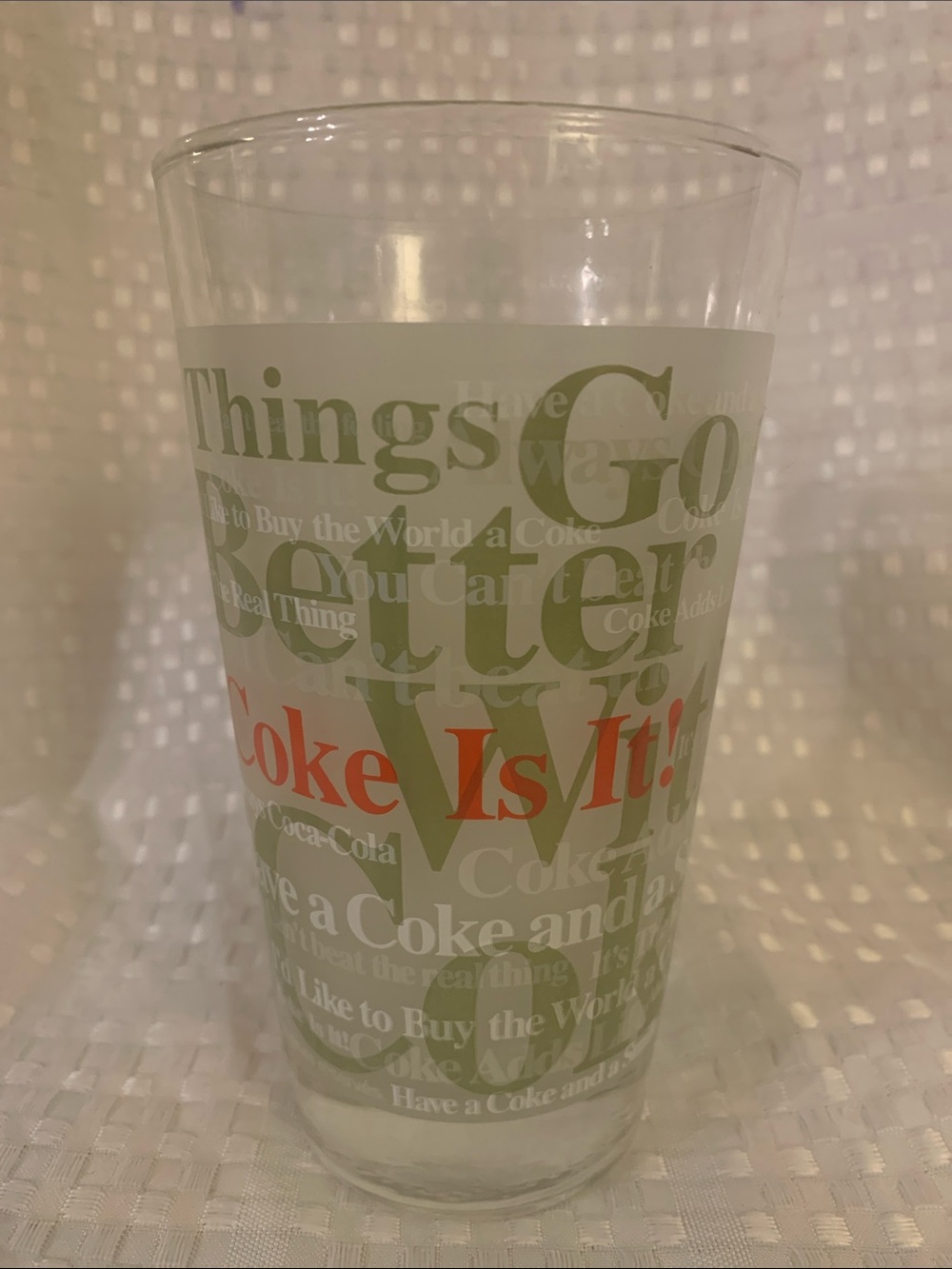 Coca-Cola Clear Glass  'Coke Is It!' logo , 6 inches tall; very good condition.